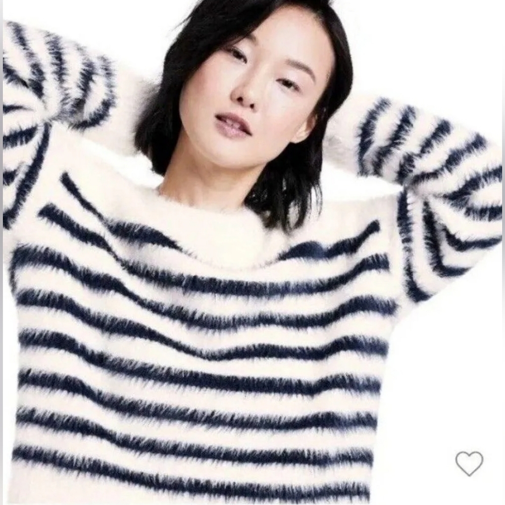 La Ligne x Target Sweater Women 1X Plus Blue White Striped Fuzzy Crop Boxy Crew